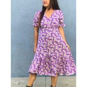 NWT Vintage Retro Style Purple Dress Midi Dress Floral Tie Back Fits Size SML